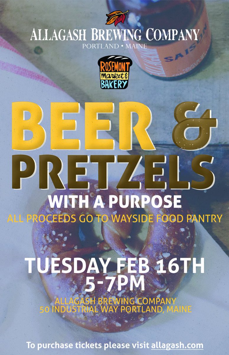 Mmm. Beer &amp; <a href="/rosemontmarket/">Rosemont Market</a> pretzels &amp; helping <a href="/WaysideMaine/">WaysideFoodPrograms</a>. Buy tickets for Tues here fareharbor.com/allagash/items…