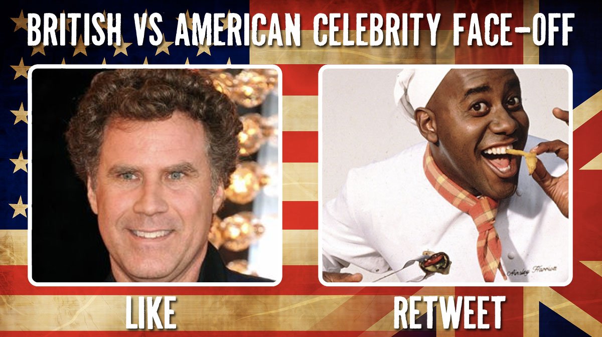 UKvUS's tweet photo. Who's the biggest #Showbiz #celebrity star?

LIKE for Will Ferrell🇺🇸
RT for Ainsley Harriott🇬🇧 https://t.co/Qn0TQyr4uL