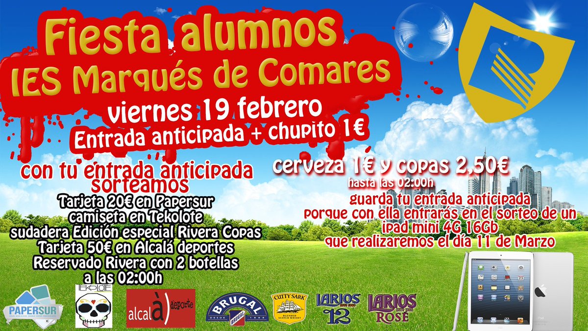 riveraeventos21's tweet photo. Fiesta de alumnos del IES Marqués de Comares.
Consigue tu entrada ya antes de que se agoten!! https://t.co/X660iYkUas