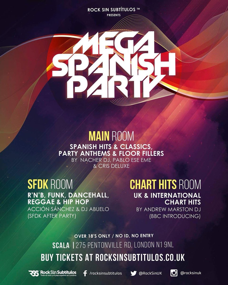 RockSinUK's tweet photo. #MegaSpanishParty este sábado 20 de Febrero en @ScalaLondon.  Tickets en https://t.co/WwRIx2R0NQ #RockSinSubtitulos https://t.co/FrPCZE1HtU