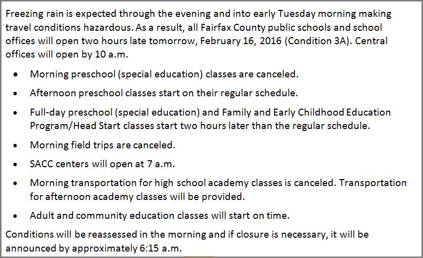 fcpsnews's tweet photo. Fairfax County public schools &amp; school offices will open 2 hrs late tom., 2/16/16. Central offices open by 10 a.m. https://t.co/YmATUa8uwv