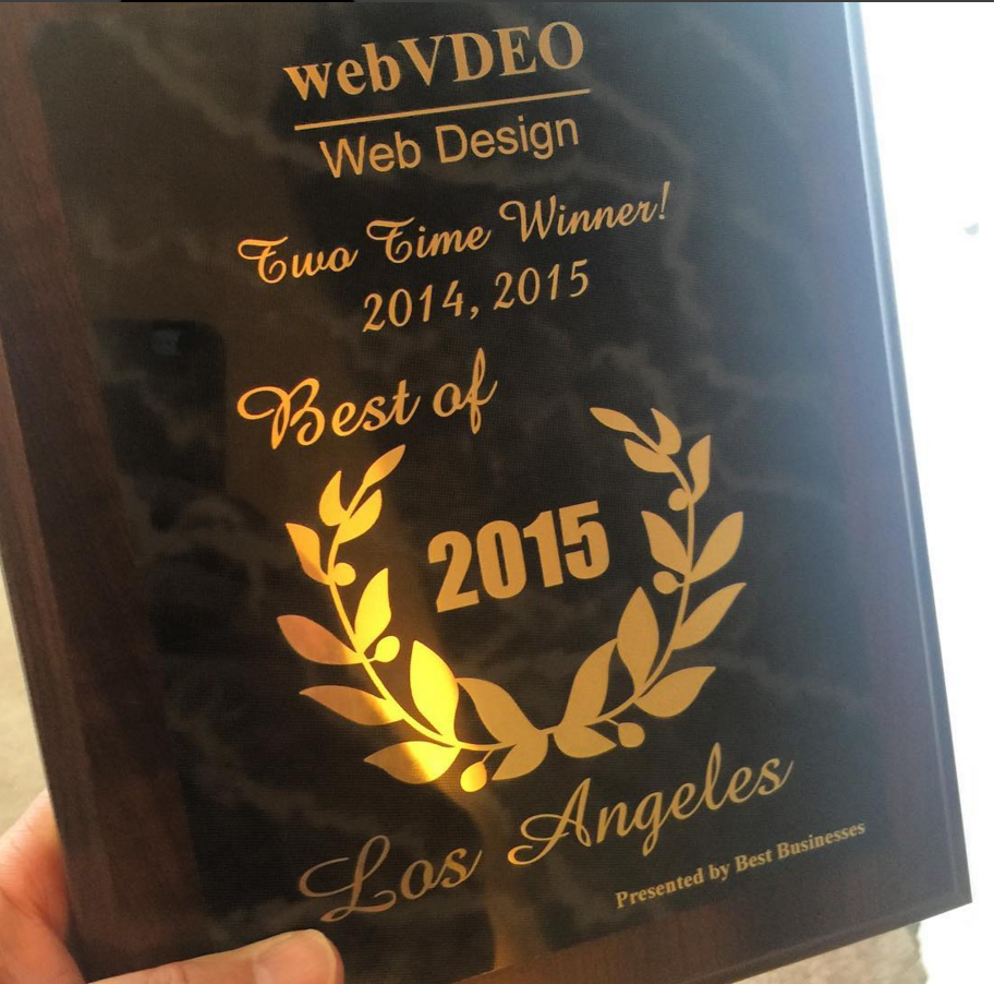 webVDEO's tweet photo. We did it! Great work team! #WEBVDEO #WebDesign #twotime #winners #2014 #2015 presented by #bestbusinesses #la https://t.co/oobUt3H19C