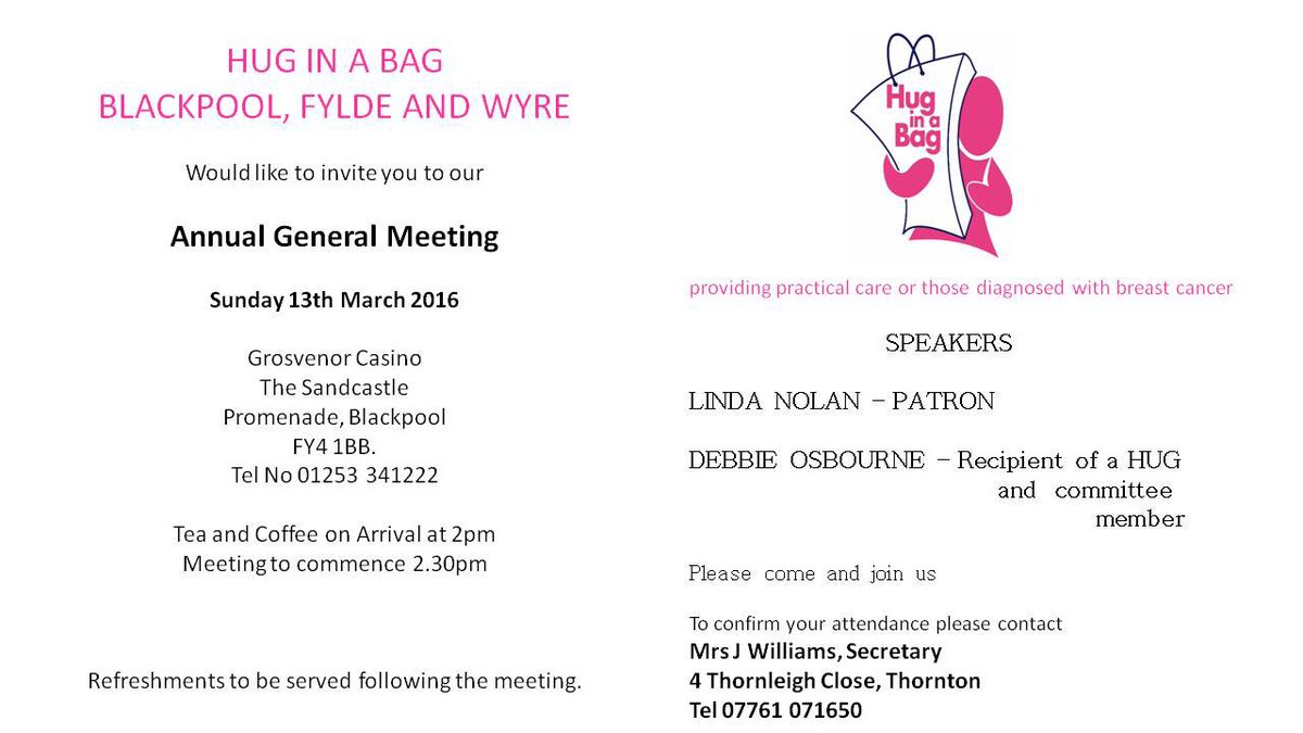HugBlackpool's tweet image. We would love a full house for our very first Hug In a Bag Annual General Meeting 💗👛