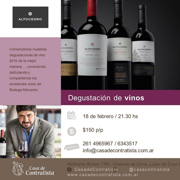 Primera Degustación de vinos del año. Hagan sus reservas. Los esperamos!!! <a href="/altocedro/">Bodega Altocedro</a> <a href="/KarimMussi/">Karim Mussi Saffie</a>
