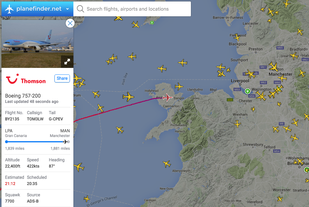 airlivenet's tweet photo. BREAKING Thomson flight #BY2135 to Manchester is declaring an emergency. Track: https://t.co/Ujl9thvCIj https://t.co/hjoJA83MX6