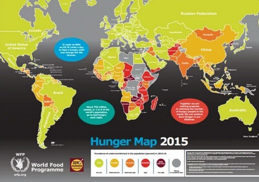 WFP's tweet image. This here is your #Monday Map: 795 million people in the world are #hungry. wfp.org/content/hunger…
