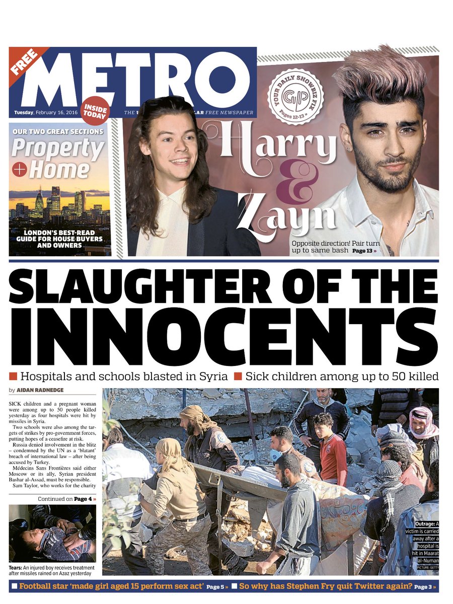 BBCNews's tweet photo. Tuesday's Metro: "Slaughter of the innocents" #TomorrowsPapersToday #BBCPapers (via @suttonnick) https://t.co/d9sbEa4bkN