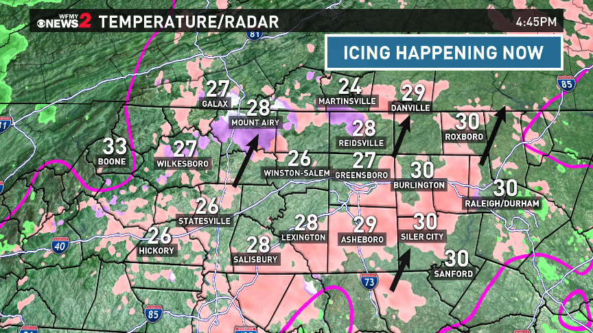 TimBuckleyWX's tweet photo. ICY CONDITIONS INCREASING TONIGHT: Frz rain continues til we get above freezing. Icy travel very likely. @WFMY https://t.co/aLd5THGBsp