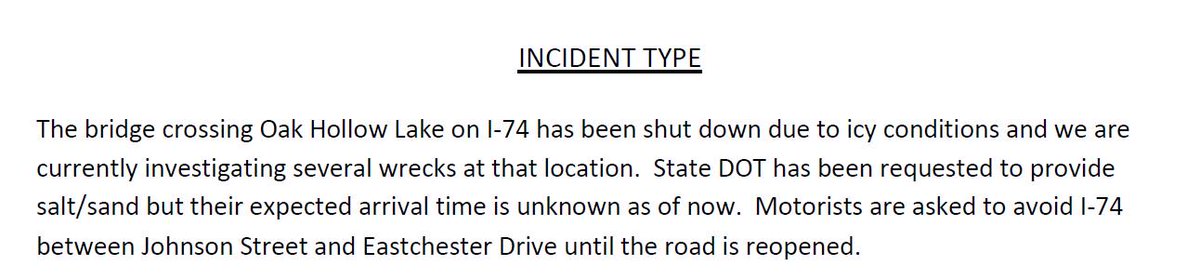 ChadSilber's tweet photo. ATTN DRIVERS: I-74 (Hwy 311) is shut down at Oak Hollow Lake because of icy conditions and multiple crashes. @WFMY https://t.co/ufH3mziIjA