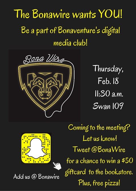 BonaWire's tweet photo. Come be a part of Bonawire! Interest meeting this Thursday! There will be FREE pizza!!!! https://t.co/Bp5fHsSI7L