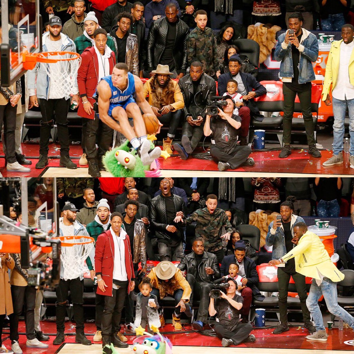 espn's tweet photo. Zoom in and enjoy. This before-and-after reaction to Aaron Gordon's epic dunk is everything.

(Pics via @cburst) https://t.co/t3r2Epf42G