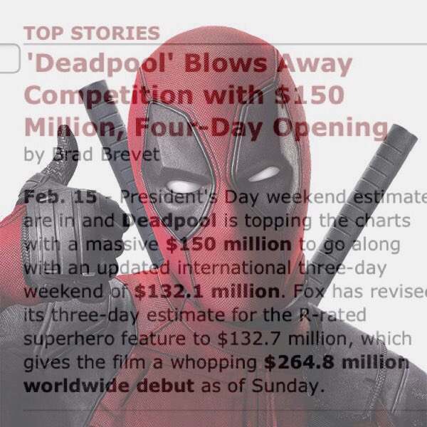 Congrats to Deadpool!! The movie is great and you could tell how much Ryan Reynolds cared about the Character.