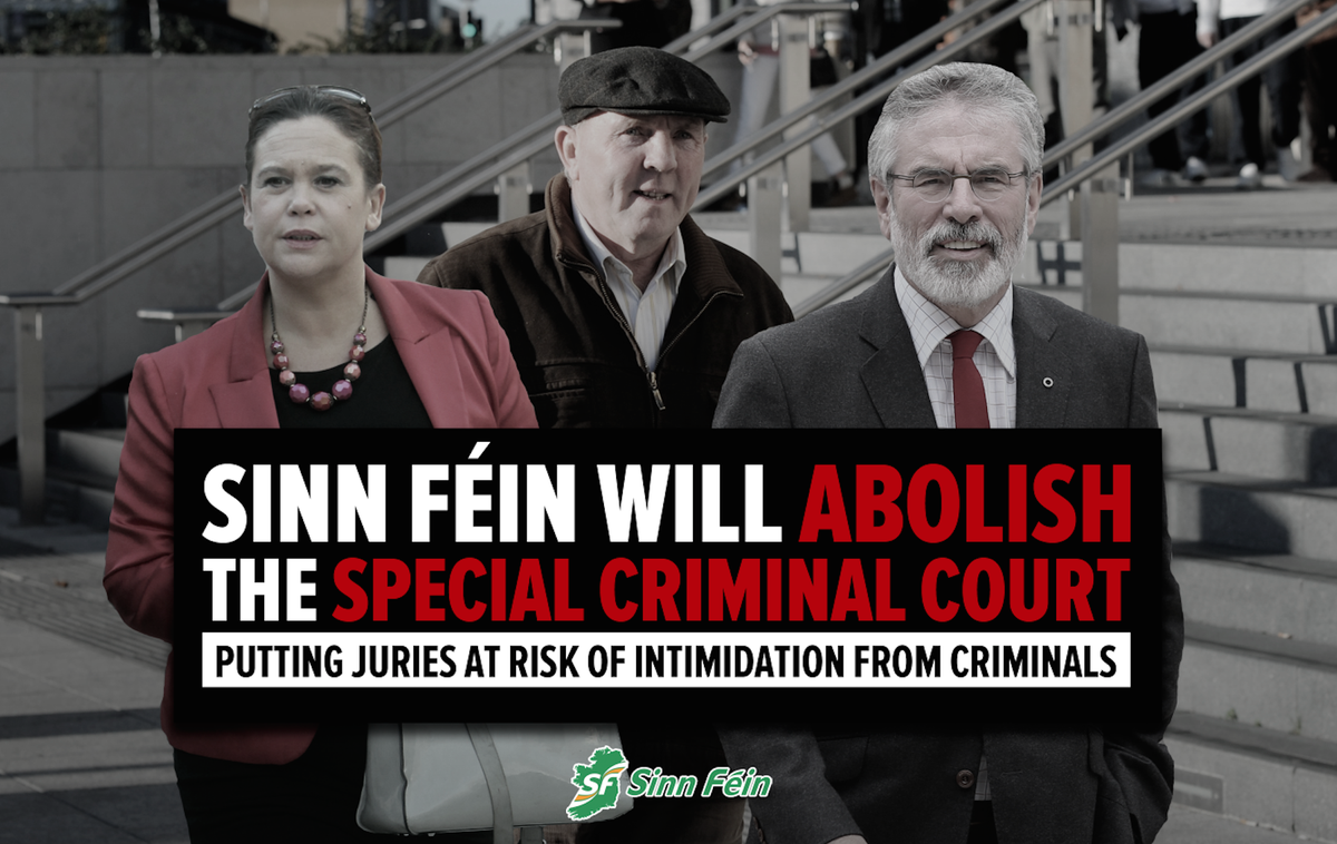 FineGael's tweet photo. Gerry Adams has ZERO credibility on crime. He wants to ABOLISH the Special Criminal Court. #leadersdebate https://t.co/YpZy991zun