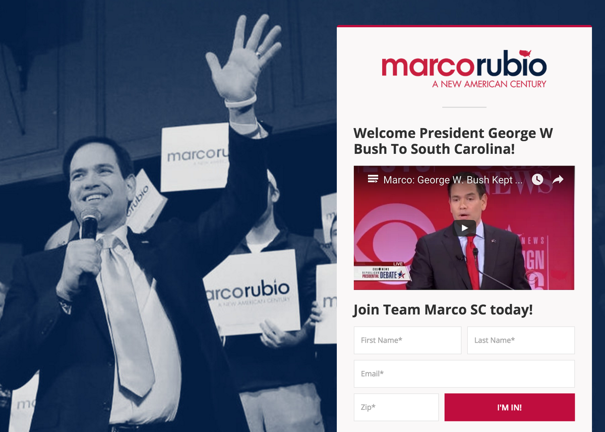 ZekeJMiller's tweet photo. New Rubio landing page highlighting his defense of W in the debate https://t.co/ekaX9Avqhu https://t.co/kZVcoM0Qvd
