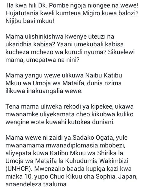 SuphianJuma's tweet photo. Luqman Maluto anauliza:Kumteua mama Migiro kuwa balozi ni sawa na kumteua Mzee Mwinyi,Mkapa ama Kikwete kuwa Mbunge? https://t.co/vJMiZjsMzj