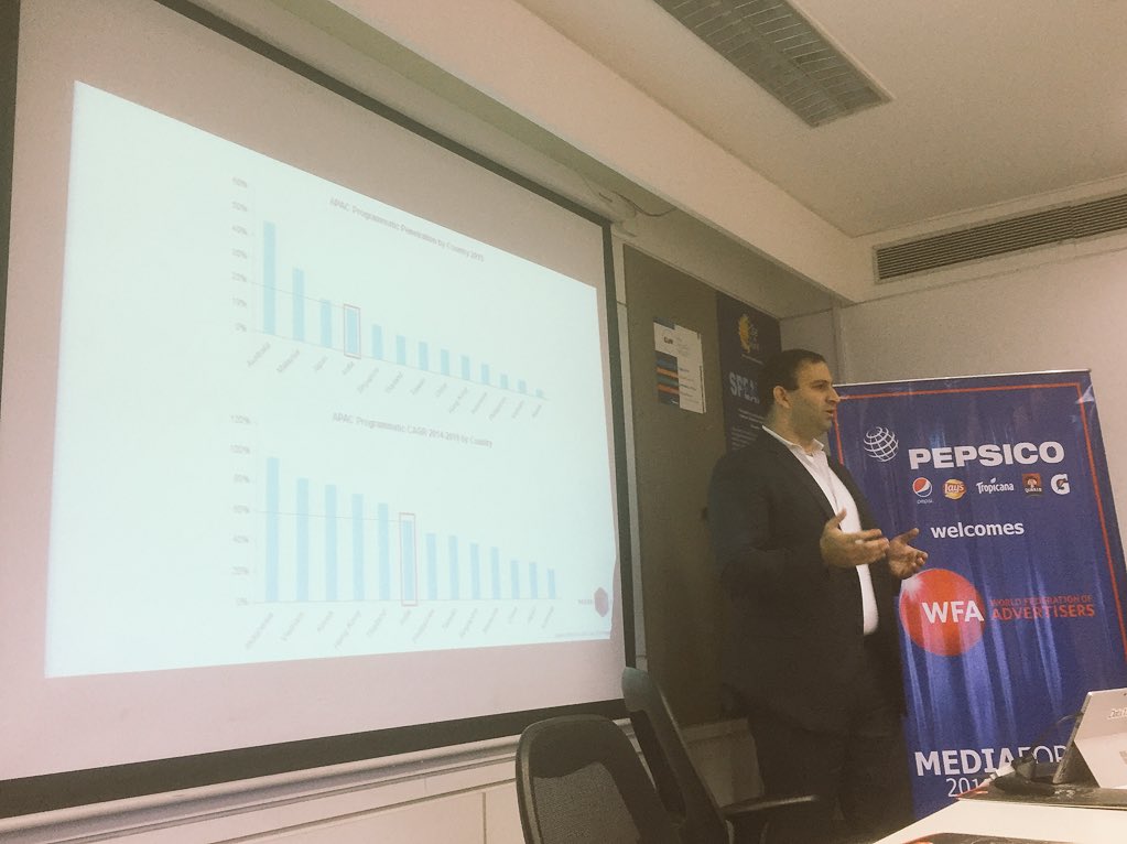 wfamarketers's tweet photo. WFA welcomes back @DataXu. @Sampson_James sharing on programmatic penetration in APAC. India ahead of the curve ~20% https://t.co/bhXykruKa9