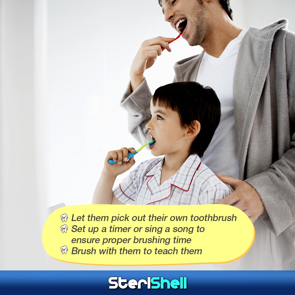 sterishell's tweet image. Teaching your young child to brush his teeth? Here are some tips to help you! #OralHealth
#ToothyTips #SteriShell
