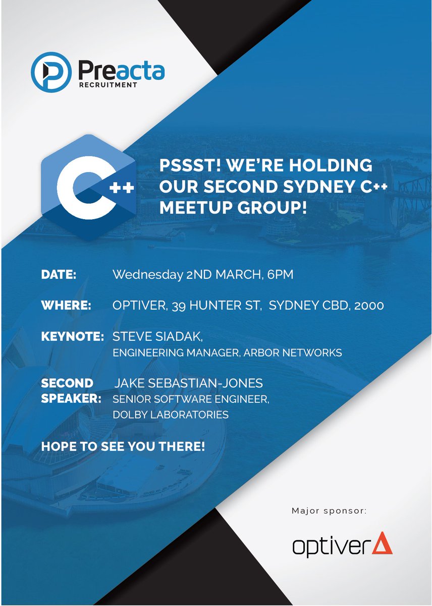 cplusplusAU's tweet image. Our first #Meetup for 2016 takes place on the 2nd March. RSVP now by following the link in our bio #cplusplusau #cpp