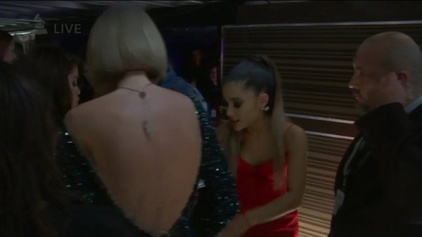 ArianaToday's tweet photo. Ariana Grande, Taylor Swift, and Selena Gomez backstage at the GRAMMYs. #GRAMMYs https://t.co/Zc2FOyQLLf