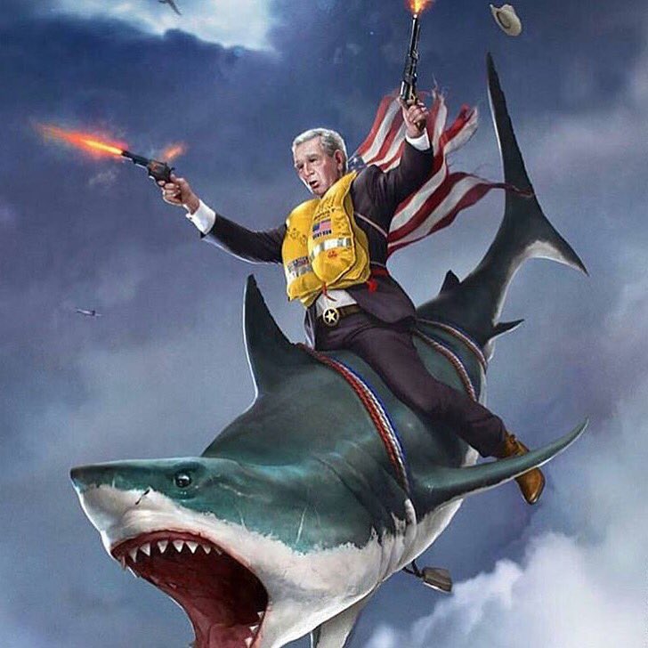 CloydRivers's tweet photo. Nothin' says "Merica" like Dubya bull ridin' a shark. Merica. https://t.co/lozY2GZuT6