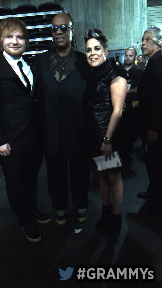 RecordingAcad's tweet photo. Backstage at #GRAMMYs with @edsheeran &amp; Stevie Wonder https://t.co/C9AjA2hYSI https://t.co/Qf7jXghja9