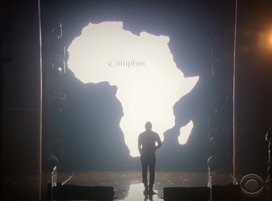 Becauseofthem's tweet photo. @kendricklamar thank you for using your voice/platform to represent and speak through imagery/words at the #Grammys! https://t.co/XvnZmmCf8t