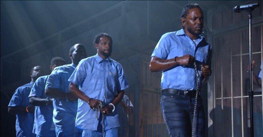 thefader's tweet photo. .@kendricklamar’s #GRAMMYs performance stole the whole damn show and everyone lost it. 
https://t.co/Vjwdsnypf7 https://t.co/jAHlOndHKY