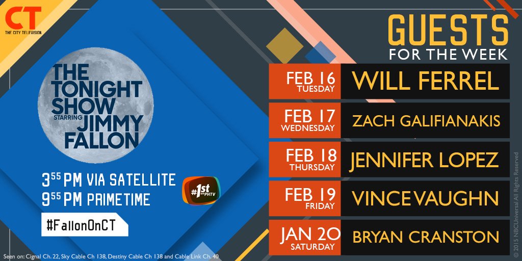 CTchannel's tweet photo. This week's guests on The Tonight Show Starring Jimmy Fallon. #FallononCT #1stonPhTV https://t.co/F3lusBgdIx