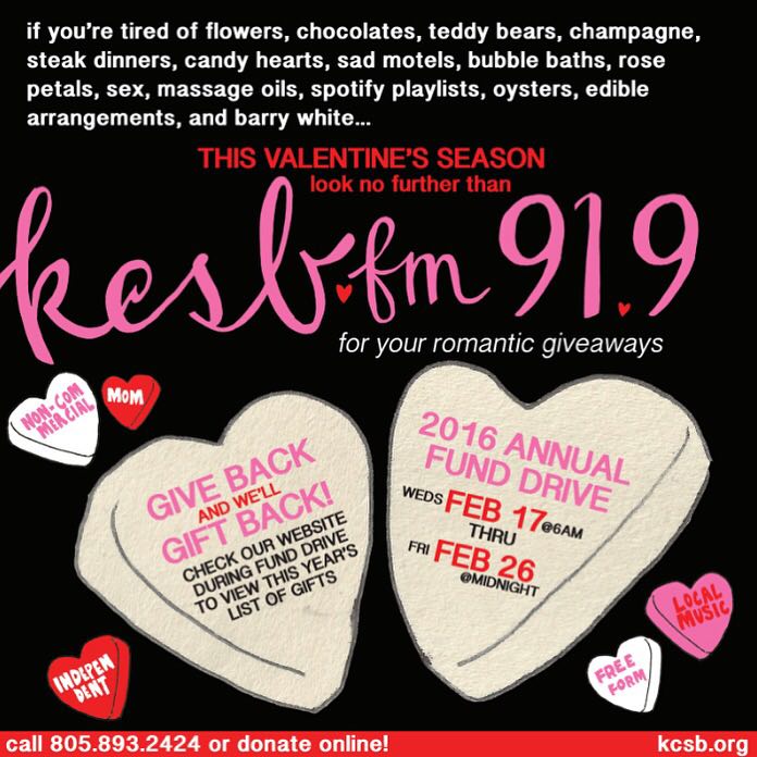 KCSB's tweet photo. GET INTO THE GIVING MOOD WITH #KCSBFM DURING FUND DRIVE FROM FEB 17TH-26TH πππ : https://t.co/n2mKoj5YP1 https://t.co/WZGn0cB88d