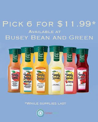 CampusExtras's tweet photo. Build Your Own Simply Juice 6 Pack at Busy Bean and Green Monday and Tuesday https://t.co/jKir0pM4no