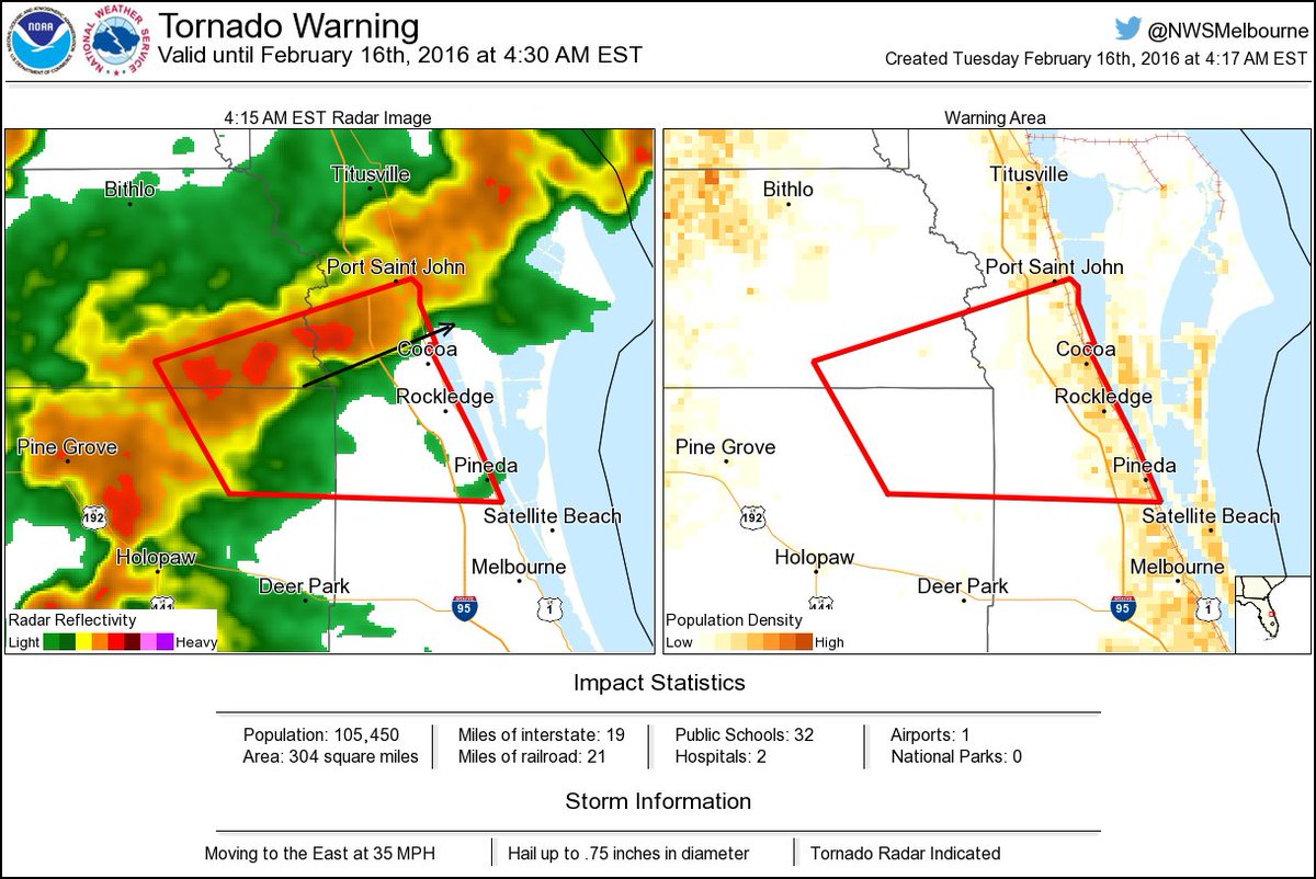 ⚠️ Tornado Warning including Cocoa FL, Rockledge FL, Canaveral Acres FL until 430 AM EST NWS