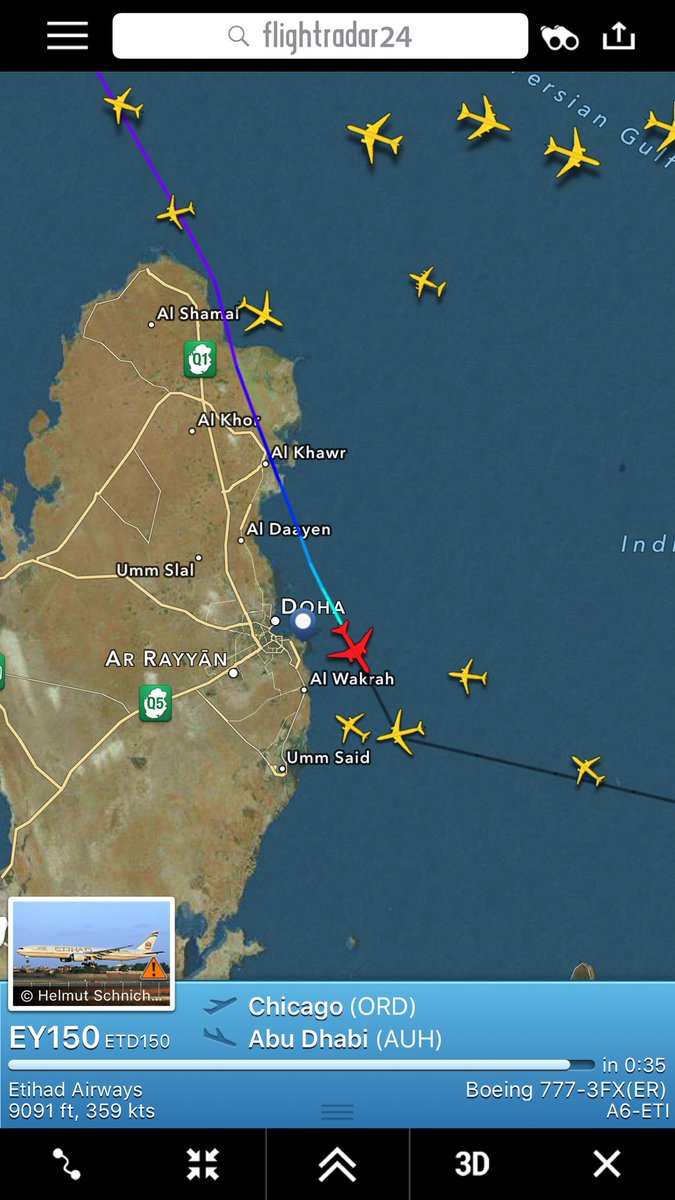 NikPhillips666's tweet photo. Etihad #EY150 diverting to Doha and declaring an emergency https://t.co/o26WR13Rwq
