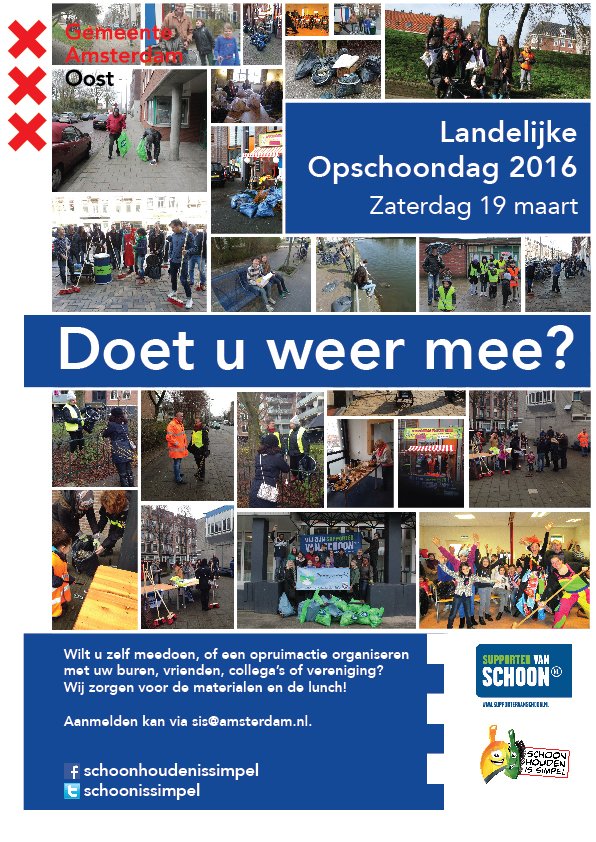 schoonissimpel's tweet photo. 19 maart, #LandelijkeOpschoondag 2016! Aanmelden voor #Oost via sis@amsterdam.nl. #Amsterdamschoon. Doe mee! https://t.co/Mf3osglGYf