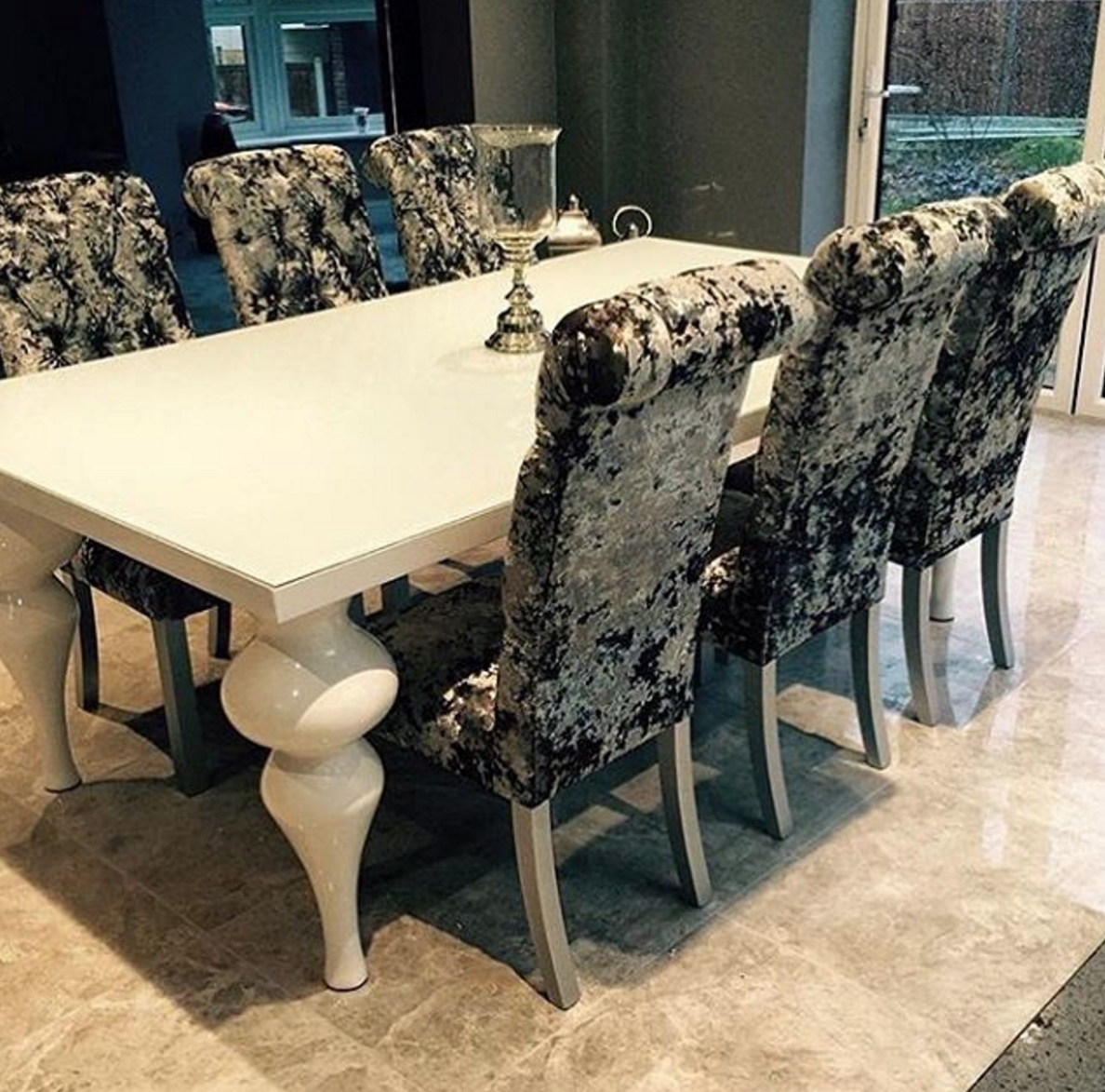 White Dining Table Crushed Velvet Chairs - Imperial Dining Set Plus