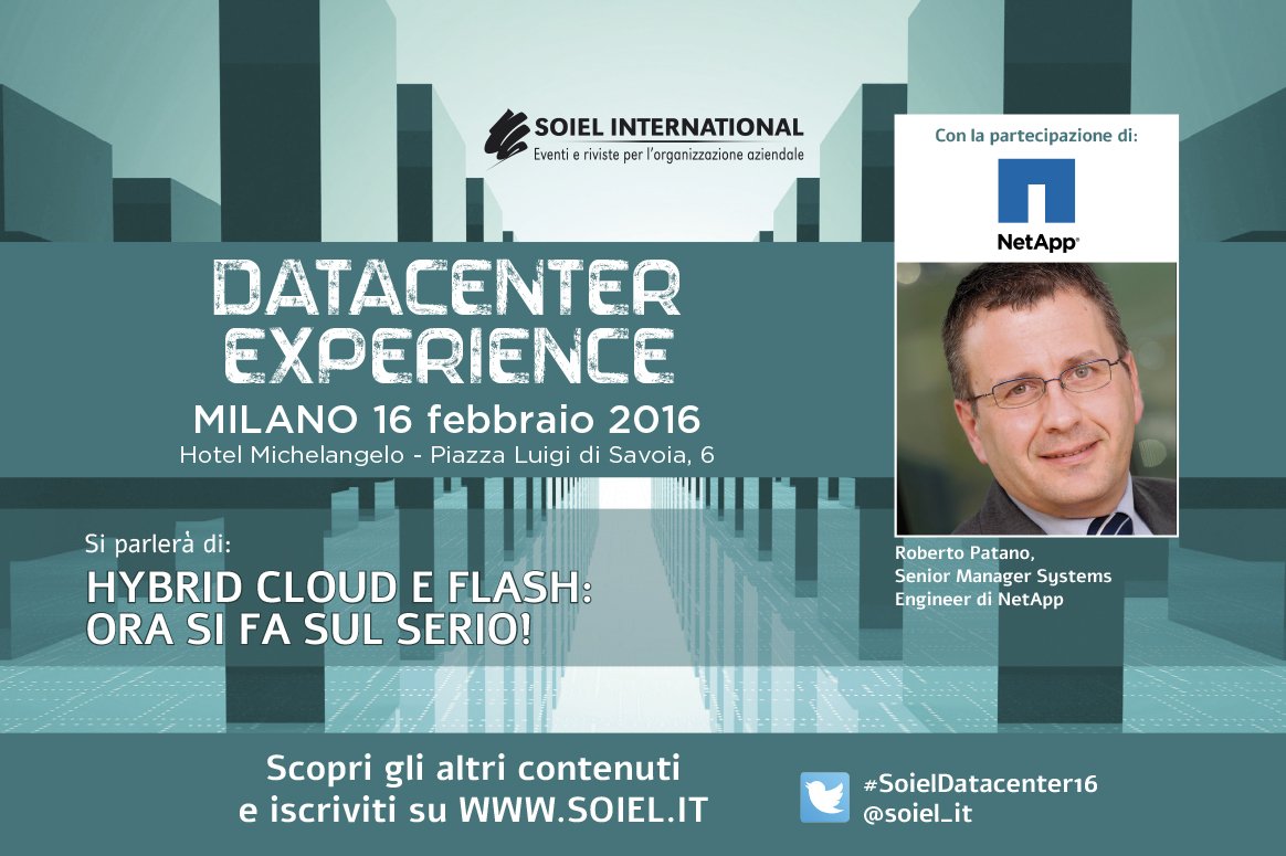 NetApp_Italia's tweet photo. Tra un'ora il nostro @PatanoRoberto parlerà di #Cloud e #Flash al #DatacenterExperience: https://t.co/6zXSQmXTHF https://t.co/1MdRNWAylP