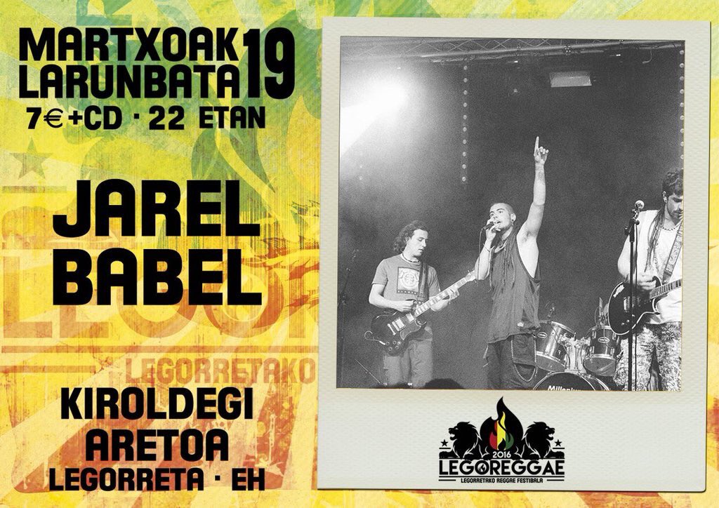IndaGloryKultur's tweet photo. MARTXOAK 19 - #Legoreggae2016  
SISTA CARMEN, JAREL BABEL, ...⁉️ Adi  egon people!!! https://t.co/H3oqiBHfu5
