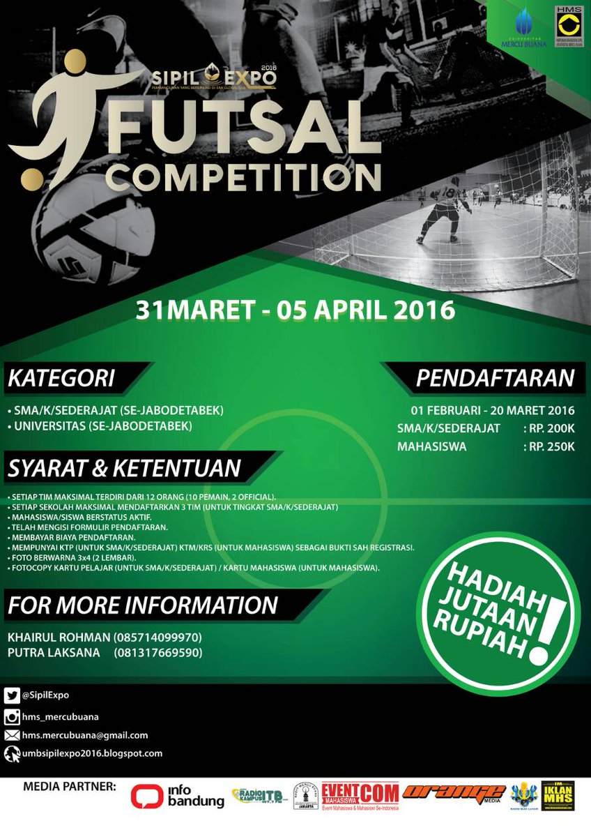 Selamat sore! H-44 menuju SIPIL EXPO 2016. Ayo daftarkan tim futsal kalian di FC SIPIL EXPO 2016. Be a winner guys!