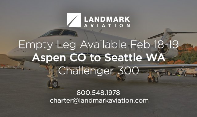 LandmarkCharter's tweet photo. #EmptyLeg ✈ Available Feb 18-19 Challenger 300 Aspen CO #ASE to Seattle WA #BFI #BizAv https://t.co/JkUxgpBnFj https://t.co/e3PjQOfAj5