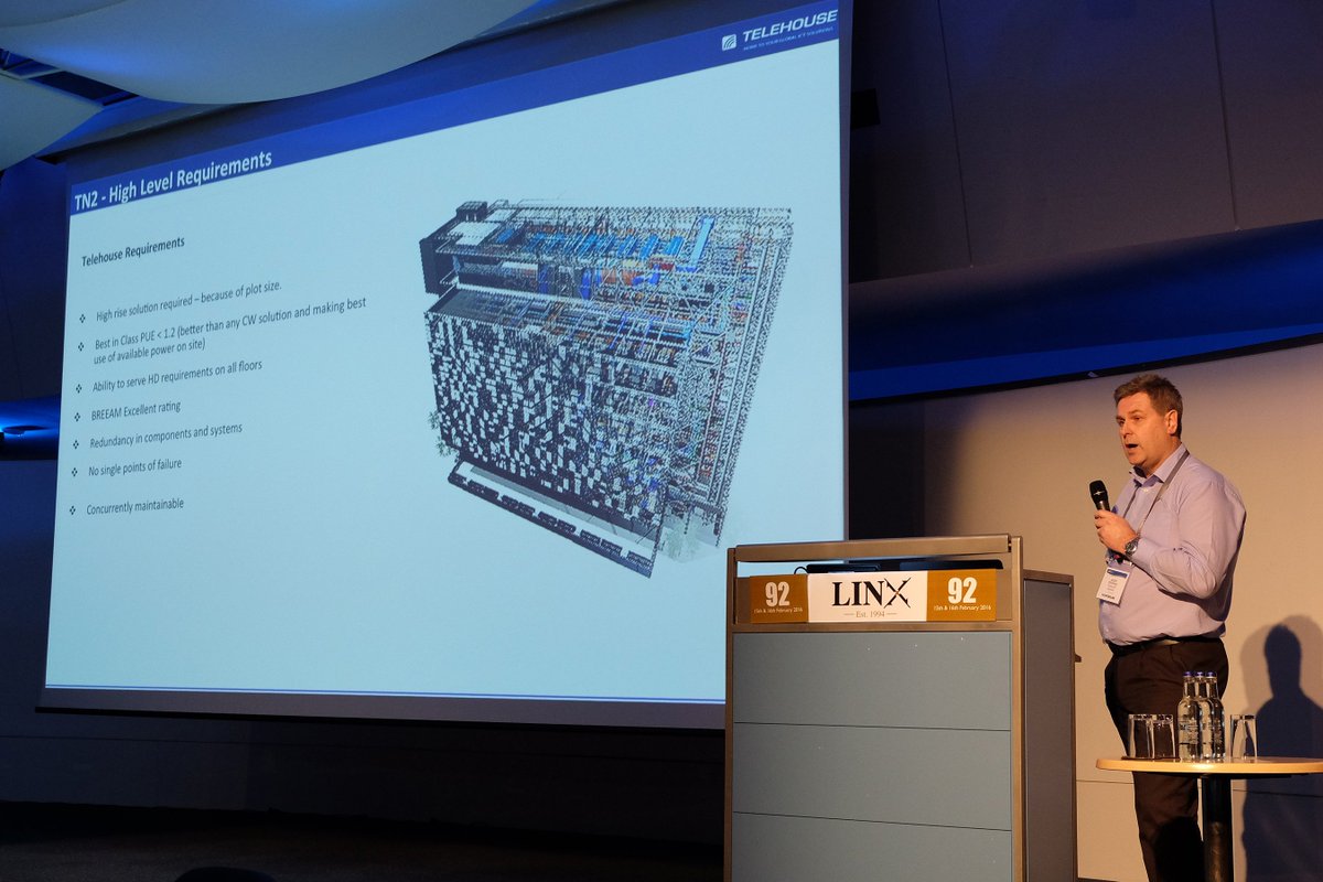 LINX_Network's tweet photo. Andrew Dewing of #LINX92 gold sponsor @TelehouseEurope is giving an overview of the new North Two data centre https://t.co/Fif0qv6FTs