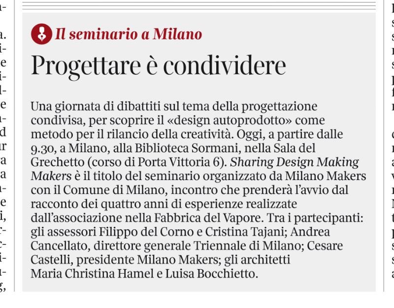 alreadyreadylab's tweet photo. @Corriereit parla di @milanomakers e #sharingdesign https://t.co/m3hFKcawCV