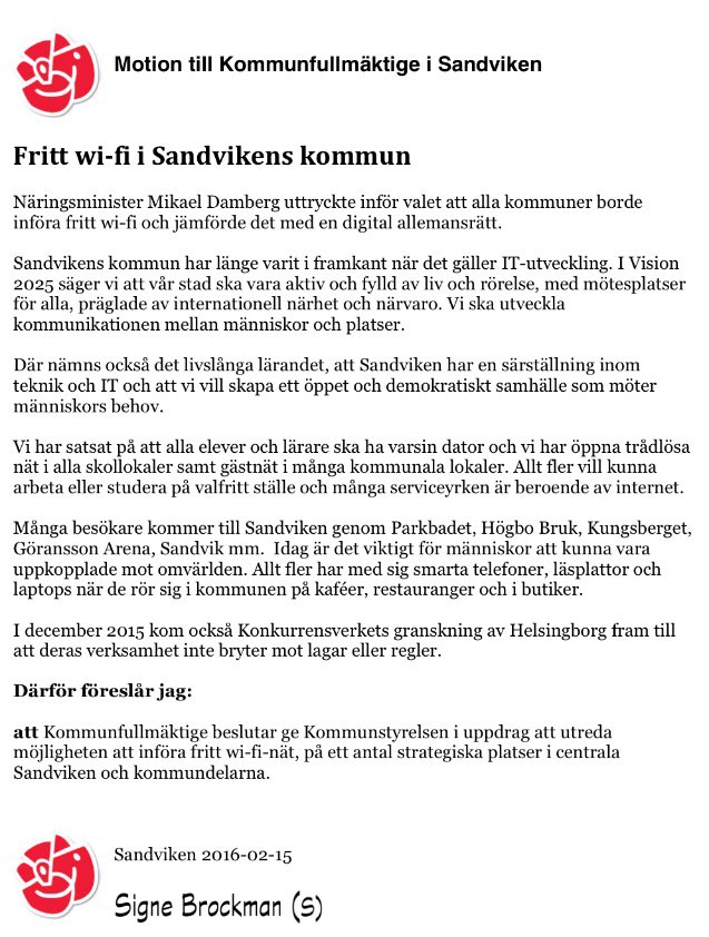 signebrockman's tweet photo. Lämnat motion till fullmäktige om fritt wi-fi på strategiska platser i #Sandviken. Stöds av S-C-Mp. https://t.co/Rrcxa5XCtO