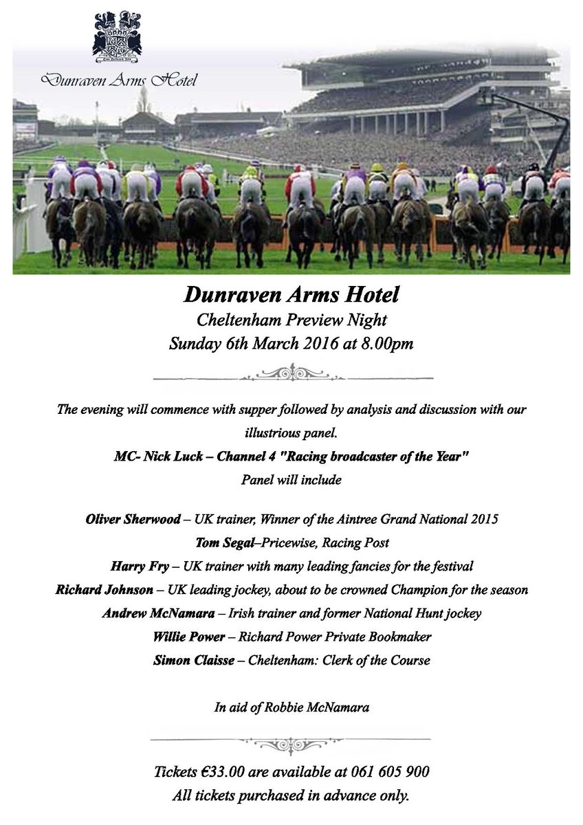Join our Cheltenham preview <a href="/nickluck/">Nick Luck</a> <a href="/OliverSherwood/">Oliver Sherwood</a> <a href="/Mr_Andy_Mc/">Andrew McNamara</a> @HarryFryRacing and <a href="/dickyjohnson77/">Richard Johnson</a> €33pp 06.03.16