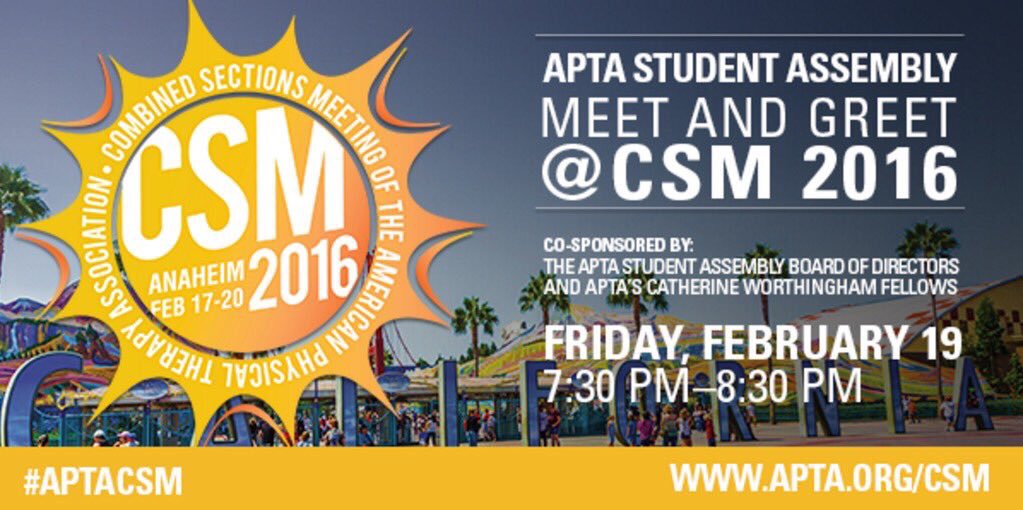 APTAStudents's tweet photo. Safe travels to all heading to #APTACSM today! Mark your calendar for Friday!  #DPTstudent #PTAstudent https://t.co/yzznh8k29K