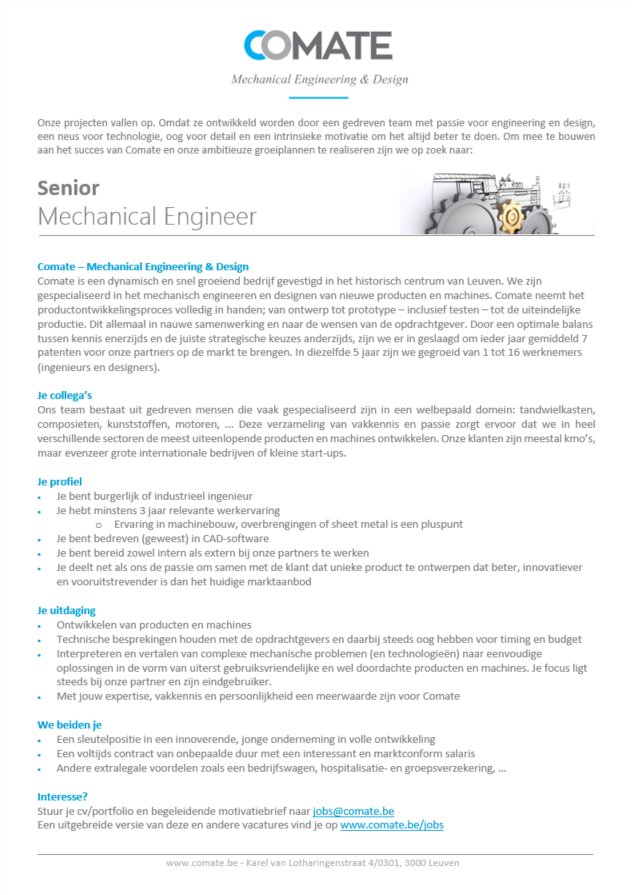 ComateEngineers's tweet image. #Comate zoekt een #Senior #Mechanisch #Ingenieur #BEjobs. Bedankt voor RT! Alle info op: comate.be/jobs