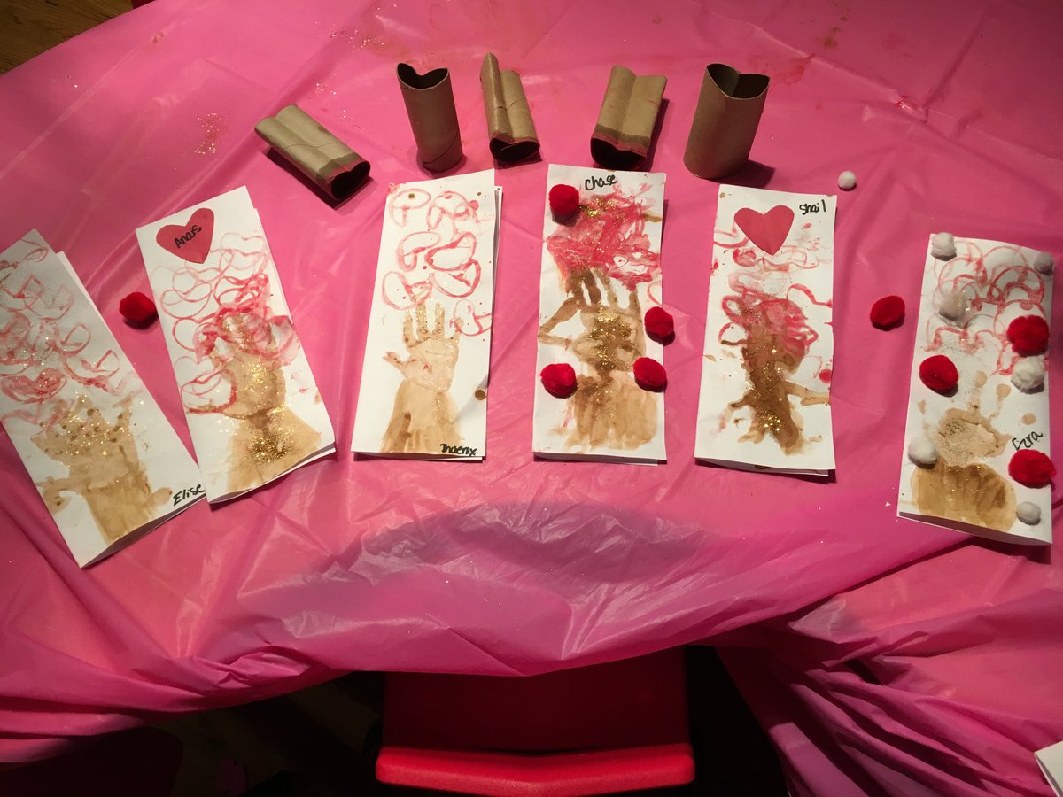 Valentines Day “Love Tree” cards! Our hands were the branches &amp; we stamped hearts from recycled toilet tissue rolls