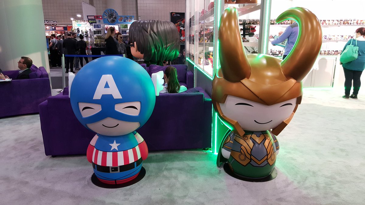 Marvel's tweet photo. Giant-sized Hulkbuster, #CaptainAmerica, &amp; #Loki at #nytf! Follow @AgentM for more Toy Fair pics! https://t.co/pxQwzRNgno