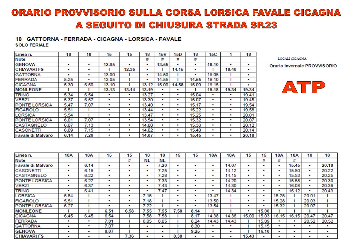 ComuneCicagna's tweet photo. ORARIO PROVVISORIO PER LA LINEA DI TRASPORTO PUBBLICO ATP #CICAGNA LORSICA FAVALE a seguito della chiusura SP23 https://t.co/hiRiJYmpGH