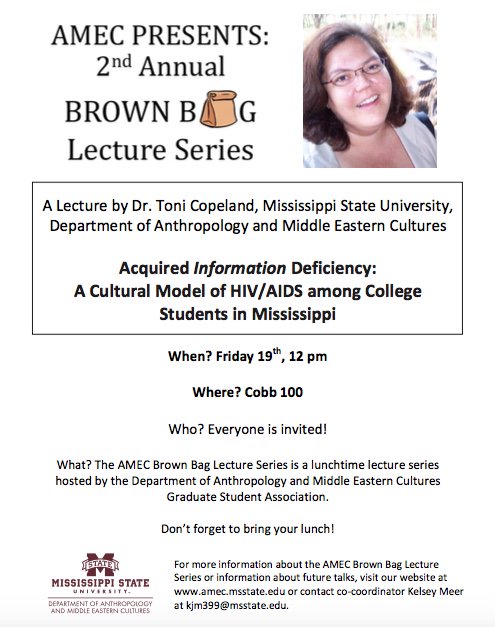 Dr. Toni Copeland is this week's brown bag speaker! Friday in Cobb 100 at noon <a href="/Anthromsu/">Anthropology Club</a> <a href="/MSUArtsSciences/">MSU Arts & Sciences</a>