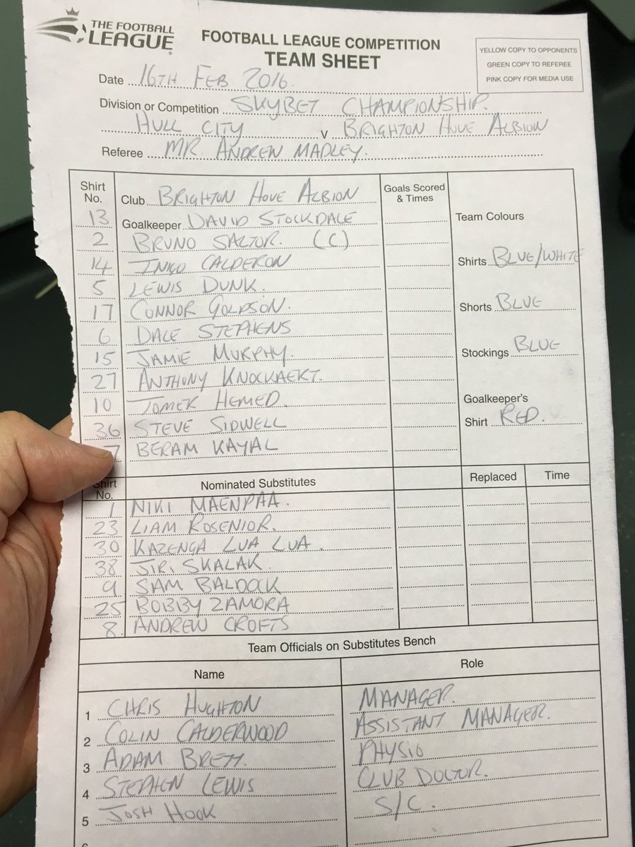 BHAFC's tweet photo. #BHAFC teamsheet for #HCFCvBHA https://t.co/5yW3c91U1M