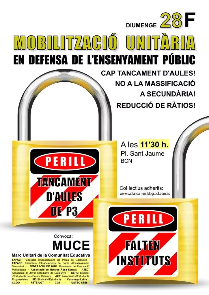 practiquem's tweet photo. 28F 11.30h Concentració P.SJaume #BCN #MUCE No al tancament d'aules Sí Reducció de ràtios. Prou barracons! @FaPaCcat https://t.co/i4mWArCSID